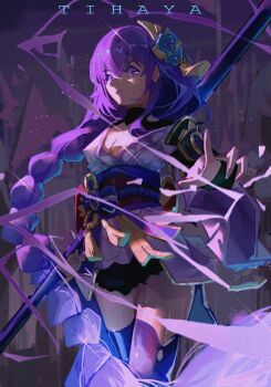 1girl absurdres angry armor artist_name back_bow bow breasts cleavage commentary_request electricity engulfing_lightning_(genshin_impact) fan_hair_ornament from_side genshin_impact glint glowing hair_ornament highres holding holding_polearm holding_weapon japanese_clothes kimono large_breasts lingerie long_braid looking_to_the_side mole mole_under_eye off_shoulder parted_lips polearm powering_up purple_background purple_eyes purple_hair purple_kimono purple_thighhighs raiden_shogun red_sash sash shade shoulder_armor solo teeth thighhighs tyhaya underwear upper_body weapon