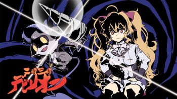 1girl 1other :&lt; bow breasts buttons core_drill cross-shaped_pupils debidebi_debiru demon demon_tail demon_wings double-breasted drill fangs grey_jacket hair_bow hand_drill hands_on_lap high_contrast highres holding holding_tool horns jacket jewelry large_breasts long_hair long_sleeves looking_at_another multiple_hair_bows neck_ribbon nijisanji parody pendant pink_bow pink_pupils purple_skirt red_eyes ribbon school_uniform seiza serious shirogami_seisho sitting skin_fangs skirt sleeve_cuffs smile solid_eyes symbol-shaped_pupils tail takamiya_rion takamiya_rion_(1st_costume) tengen_toppa_gurren_lagann translated ttgl_eyecatch tunnel twintails underground v-shaped_eyebrows virtual_youtuber white_ribbon wings yellow_eyes