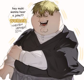 Rule 34 | 1boy, blonde hair, cleft chin, earrings, english text, family guy, green eyes, haori, highres, japanese clothes, jewelry, jujutsu kaisen, kowai (iamkowai), looking at viewer, male focus, open mouth, parody, shirt, short hair, solo, white shirt, zen'in naoya