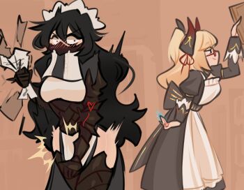 2girls apron armor back_bow black_bow black_dress black_garter_straps black_hair black_horns blonde_hair blush bow centurii-chan commentary constricted_pupils dress executioner_maid_(centurii-chan) garter_straps gauntlets glasses heart highres holding holding_paper horns long_hair magic maid maid_headdress multiple_girls original paper red-framed_eyewear white_apron