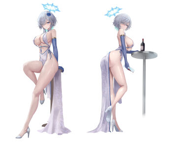 1girl absurdres ann_(enye5842) aqua_hair aqua_streaks ass bare_shoulders blue_dress blue_eyes blue_flower blue_gloves blue_halo blush breasts china_dress chinese_clothes cleavage commentary commentary_request commission cup dress elbow_gloves english_commentary flower gloves grey_hair hair_flower hair_ornament hair_over_one_eye hair_over_shoulder halo high_heels highres holding holding_cup huge_breasts leg_up legs long_dress long_hair looking_at_viewer mixed-language_commentary multicolored_dress multicolored_hair multiple_views original parted_lips pixiv_commission revealing_clothes shoes side_slit sidelocks simple_background solo standing standing_on_one_leg thighs two-tone_dress two-tone_hair white_background white_dress white_shoes wide_hips