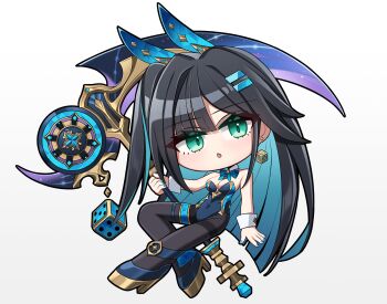 1girl abigail_(black_survival) black_hair black_pantyhose black_survival blue_hair blue_leotard blue_nails blue_shoes breasts chibi cleavage commentary_request covered_groin covered_navel dice dice_earrings earrings eternal_return:_black_survival full_body gradient_background green_eyes grey_background hair_ornament hairclip high_heels holding holding_scythe jewelry leotard looking_at_viewer medium_breasts multicolored_hair nail_polish one_side_up pantyhose parted_lips scythe shoes solo strapless strapless_leotard thighband_pantyhose two-tone_hair white_background wrist_cuffs yeong_r6