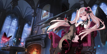 1girl alcohol bare_shoulders black_wings blonde_hair candle candlestand chair crossed_legs cup dress drinking_glass feathered_wings fire fireplace floral_print gloves high_heels highres holding holding_cup indoors long_hair looking_at_viewer miyase_mahiro original picture_frame red_dress rose_print sitting sleeveless sleeveless_dress solo thighhighs very_long_hair wine wine_glass wings