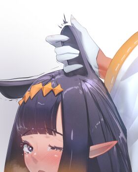 2girls absurdres blunt_bangs blush commentary floomf gloves grabbing_another&#039;s_ear gradient_hair halo hand_on_another&#039;s_ear highres hololive long_hair looking_at_viewer mole mole_under_eye motion_lines multicolored_hair multiple_girls ninomae_ina&#039;nis ninomae_ina&#039;nis_(1st_costume) one_eye_closed open_mouth orange_hair pointy_ears purple_hair shiranui_flare sidelocks simple_background tears tentacle_hair virtual_youtuber