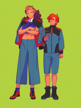 Rule 34 | 1boy, 1girl, aqua eyes, asticassia school uniform, black boots, blue eyes, blue pants, blue shorts, blue socks, blue vest, boots, breasts, brown hair, cropped vest, crossed arms, frown, full body, furrowed brow, genderswap, genderswap (ftm), genderswap (mtf), green background, grey socks, guel jeturk, gundam, gundam suisei no majo, hair between eyes, highres, holding, holding phone, ivy hermit, jacket, jacket on shoulders, large breasts, long hair, looking at another, m blue ka, midriff, multicolored hair, necktie, pants, phone, pink hair, red boots, red hair, red necktie, school uniform, short hair, shorts, socks, suletta mercury, thick eyebrows, two-tone hair, vest