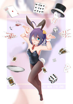 :o absurdres ahoge animal animal_ears black_leotard blue_eyes blush breasts brown_pantyhose card chuunibyou_demo_koi_ga_shitai! cleavage detached_collar dice eyepatch hair_between_eyes hat highres king_(playing_card) leotard medical_eyepatch medium_breasts medium_hair necktie no_shoes pantyhose playing_card queen_(playing_card) rabbit rabbit_ears rabbit_tail red_necktie seisen short_necktie tail takanashi_rikka top_hat wrist_cuffs
