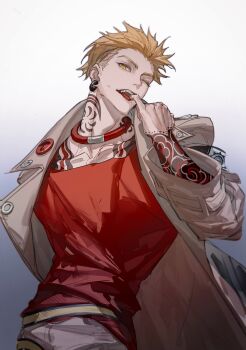 1boy arm_tattoo blonde_hair coat collarbone earrings enjin_(gachiakuta) gachiakuta gradient_background grey_background grey_coat highres hoop_earrings jewelry maggot83682214 male_focus mouth_pull multiple_tattoos neck_tattoo one_eye_closed open_mouth red_shirt shirt short_hair tattoo teeth two-tone_background undercut white_background yellow_eyes