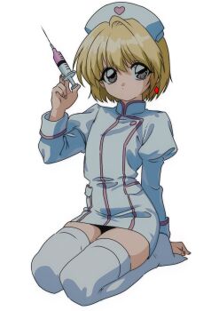 1boy 2000s_(style) blonde_hair buttons closed_mouth crossdressing crossdressing_(mtf) dress earrings expressionless grey_eyes hat highres holding holding_syringe hunter_x_hunter jewelry juliet_sleeves kurapika long_sleeves looking_at_viewer male_focus no_shoes nurse nurse_cap pocket puffy_sleeves short_dress short_hair simple_background single_earring sitting solo syringe tenkora_(kurar_hxh) thighhighs trap white_background white_dress white_hat white_thighhighs zettai_ryouiki
