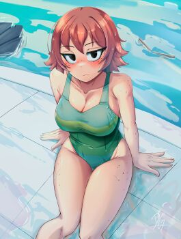 1girl absurdres arm_support black_eyes blush body_freckles breast_freckles breasts brown_hair choppy_bangs cleavage closed_mouth commentary cowboy_shot day dilan_griz english_commentary freckles green_one-piece_swimsuit highres kim_pine large_breasts looking_at_viewer one-piece_swimsuit outdoors poolside scott_pilgrim_(series) scott_pilgrim_takes_off short_hair shoulder_freckles sitting solo swimsuit thigh_freckles water