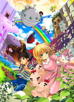 1girl 5boys aircraft bad_id bad_pixiv_id baseball_bat black_hair blonde_hair blue_eyes braid brown_hair bubble_monkey child cloud doseisan dr._andonuts dungeon_man_(mother_2) glasses grey_hair hat helicopter jeff_andonuts monkey mother_(series) mother_2 multiple_boys ness_(mother_2) nintendo paula_(mother_2) petals poo_(mother_2) rainbow shiina_yuuto tessie tony_(mother_2) volcano