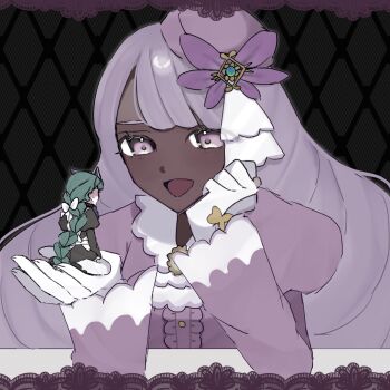 2girls ascot bow braid braided_ponytail dark-skinned_female dark_skin dress elbows_on_table fascinator frilled_ascot frills giant giantess gloves hair_bow hand_on_own_chin head_on_hand head_rest highres holding holding_mini_person in_palm jacinthe_(pokemon) juliet_sleeves kneeling lebanne_(pokemon) long_braid long_hair long_sleeves looking_at_another low_drills maid maid_headdress master_and_servant mega_stone mini_person minigirl multiple_girls nintendo open_mouth pokemon pokemon_legends:_z-a puffy_sleeves purple_dress purple_eyes purple_hair single_braid smile very_dark_skin very_long_hair white_gloves yon_(motomu22)