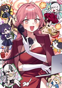 1boy 5girls absurdres animal antique_phone aru_(blue_archive) aru_(dress)_(blue_archive) banknote black_dress black_hair blue_archive bowl breasts cat chibi cleavage closed_eyes commentary_request dog dress dynamite elbow_gloves explosion explosive firing fishnet_pantyhose fishnets food gloves gradient_hair grey_hair gun hair_ornament hairclip halo haruka_(blue_archive) haruka_(dress)_(blue_archive) highres holding holding_phone horns jacket jewelry kayoko_(blue_archive) kayoko_(dress)_(blue_archive) kurihara_sakura lap large_breasts long_hair looking_at_viewer master_shiba_(blue_archive) money multicolored_hair multiple_girls mutsuki_(blue_archive) mutsuki_(dress)_(blue_archive) necklace noodles one_eye_closed open_mouth pants pantyhose phone pink_eyes pink_hair plant pointy_ears potted_plant purple_eyes purple_hair ramen red_dress rotary_phone single_wing smoking_pipe sparkle sunglasses sweat weapon white_gloves white_hair wings