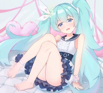 1girl absurdres aqua_halo bare_legs black_sailor_collar blue_archive blue_eyes blue_hair blush bow breasts center_frills clothes_lift collarbone commentary_request dress fingernails frilled_dress frills full_body hair_between_eyes hair_ornament halo hatsune_miku hatsune_miku_(blue_archive) high-waist_skirt highres long_hair medium_breasts miku_day multicolored_hair nail_polish open_mouth pink_hair sailor_collar scrunchie sitting skirt skirt_lift sleeveless sleeveless_dress solo streaked_hair tilted_halo toenail_polish toenails twintails very_long_hair vocaloid white_dress white_scrunchie white_skirt wrist_scrunchie yonaaa