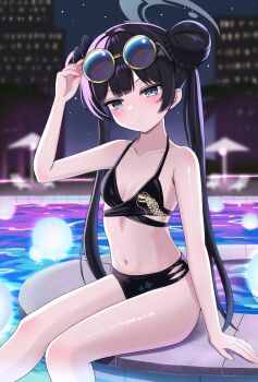 1girl adjusting_eyewear alternate_costume arichi arm_up bare_legs bare_shoulders bikini black_bikini black_hair blue_archive blush braid braided_bun breasts bun_with_braided_base collarbone comiket_106 commentary_request dot_nose double_bun dragon_print eyewear_on_head feet_out_of_frame grey_halo hair_bun half-closed_eyes halo hand_on_eyewear highres kisaki_(blue_archive) loli long_hair looking_at_viewer navel night parted_lips pool pool_table poolside round_eyewear sitting sky small_breasts solo sunglasses swimsuit table thighs twintails very_long_hair water