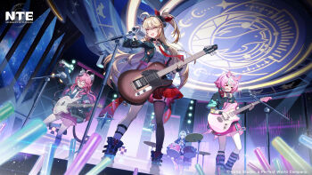 >_< 4girls absurdres akane_rin_(nte) animal_ear_fluff animal_ear_legwear animal_ears armband bass_guitar black-framed_eyewear black_jacket black_shirt blonde_hair breasts cat_ear_legwear closed_eyes company_name copyright_logo copyright_name cross_tie drum drum_set drumsticks english_text female_esper_zero_(nte) fingerless_gloves galaxy glasses gloves glowstick grey_hair guitar hair_ornament haniel_(nte) headphones headphones_around_neck highres holding holding_drumsticks instrument jacket logo microphone multicolored_hair multiple_girls nanally_(nte) necktie neverness_to_everness official_art open_mouth pink_armband pink_hair purple_necktie red_eyes red_hair red_necktie red_skirt round_eyewear shirt short_hair singing skirt smile tail tiger_ears tiger_girl tiger_tail white_shirt