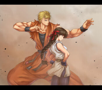 Rule 34 | 1boy, 1girl, belt, black belt, blonde hair, braid, breasts, brother and sister, brown eyes, brown hair, closed mouth, commentary request, dougi, fingerless gloves, gloves, headband, itouei, letterboxed, long hair, martial arts belt, ryou sakazaki, ryuuko no ken, siblings, single braid, smile, snk, spandex, the king of fighters, very long hair, yuri sakazaki