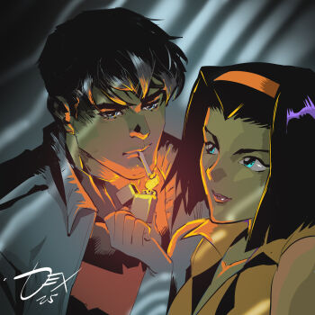 1boy bat_signal batman_(series) batman_symbol black_bodysuit black_hair bodysuit cigarette cowboy_bebop crossover dc_comics dexter_soy faye_valentine grey_bodysuit hairband jason_todd lipstick makeup multicolored_bodysuit muscular orange_hairband red_hood_(dc) red_hood_and_the_outlaws short_hair simple_background smoking superhero_costume taut_bodysuit two-tone_bodysuit upper_body western_comics_(style) yellow_hairband