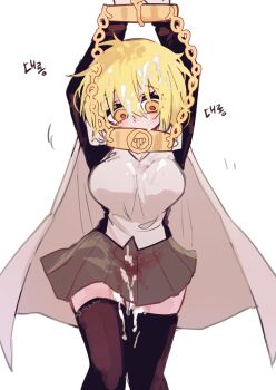 absurdres black_thighhighs blonde_hair breasts brown_skirt cape chain cowboy_shot cuffs cum cum_on_body cum_on_clothes cum_on_hair don_quixote_(project_moon) facial hanging highres index_(identity)_(project_moon) large_breasts limbus_company looking_down miniskirt pmchell_04 project_moon shirt short_hair skirt thighhighs white_background white_shirt