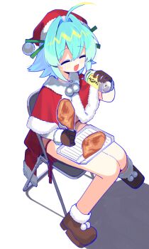 1girl :d ahoge aoi_tsuyu aqua_hair blush boots brown_boots can capelet chicken_(food) closed_eyes commentary double-parted_bangs drink_can food full_body fur-trimmed_boots fur-trimmed_capelet fur-trimmed_headwear fur_trim hair_between_eyes hair_intakes hat holding holding_can holding_food no_pants open_mouth original panties red_capelet red_hat red_panties santa_costume santa_hat short_hair side-tie_panties simple_background sitting smile solo symbol-only_commentary underwear white_background