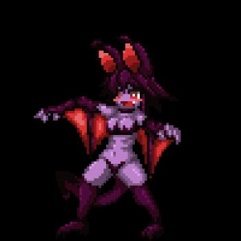 animal_ears animated animated_gif bat_ears bat_wings bouncing_breasts breasts colored_skin lowres monster_girl open_mouth outstretched_arms pixel_art purple_skin red_eyes resized standing tail upscaled wings zell_(999)