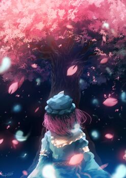 Rule 34 | 1girl, absurdres, blue hat, blue kimono, cherry blossoms, commentary request, facing away, falling petals, frilled hat, frills, from behind, hat, highres, hitodama, japanese clothes, kimono, long sleeves, mob cap, nani kore (wjstpwls4), petals, pink hair, saigyou ayakashi, saigyouji yuyuko, signature, solo, touhou, tree