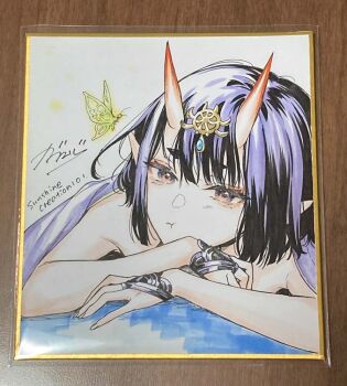 1girl bug butterfly commentary_request fate/grand_order fate_(series) horns insect kaguyuzu looking_at_viewer oni photo_(medium) pink_eyes pout purple_hair shikishi short_hair shuten_douji_(fate) skin-covered_horns solo traditional_media