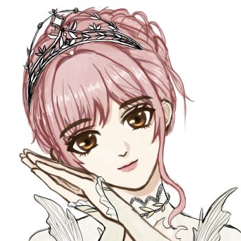 1girl absurdres arm_warmers brown_eyes chinese_commentary closed_mouth commentary_request dress eyelashes feather-trimmed_dress frilled_arm_warmers hair_bun head_tilt highres infinity_nikki lipstick looking_at_viewer makeup melody_bloom_(infinity_nikki) nahco3 nikki_(nikki) nikki_(series) own_hands_together pink_hair pink_lips short_hair sidelocks simple_background single_hair_bun smile solo straight-on tiara turtleneck updo upper_body white_arm_warmers white_background white_dress