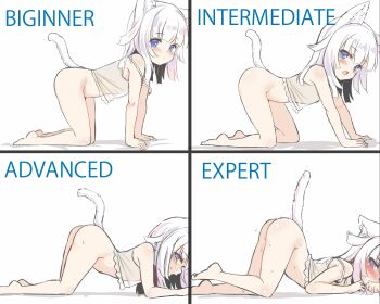 1girl all_fours animal_ear_fluff animal_ears ass bad_id bad_twitter_id barefoot beginner_intermediate_advanced_expert_(meme) blue_eyes blush bottomless camisole cat_ears cat_tail english_text engrish_text expressionless female_focus flat_chest from_side legs loli looking_at_viewer meme original ranguage see-through_clothes simple_background solo strap_slip tail thighs unname white_background white_hair