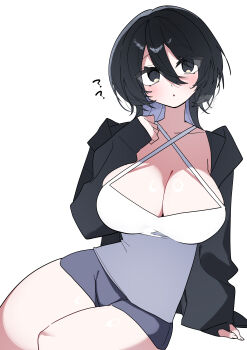 1girl :o ? absurdres black_eyes black_hair black_jacket blush breasts cleavage collarbone colored_inner_hair criss-cross_halter curious grey_shorts hair_between_eyes halterneck hand_up highres jacket large_breasts long_sleeves looking_at_viewer medium_hair multicolored_hair oimotororo1116 open_clothes open_jacket original parted_lips shorts sitting sleeves_past_wrists solo sweat tank_top thick_thighs thighs white_background white_tank_top