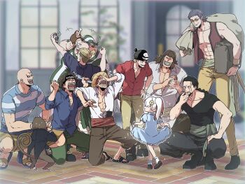 1girl 6+boys abs aged_down alternate_hairstyle artist_request bald belt benn_beckman bonk_punch brown_hair building_snake child dreadlocks dress eating everyone food formal_clothes full_body goggles green_hair grin happy hat highres holding hongou_(one_piece) howling_gab jolly_roger limejuice_(one_piece) long_coat lucky_roux manly monkey monster_(one_piece) multiple_boys muscular one_piece open_clothes open_shirt pectorals pirate ponytail red_hair red_hair_pirates rockstar_(one_piece) sash scar shanks_(one_piece) shirt short_hair simple_background smile smoking spiked_hair standing striped_clothes striped_shirt sunglasses tank_top traditional_media twintails white_hair yasopp