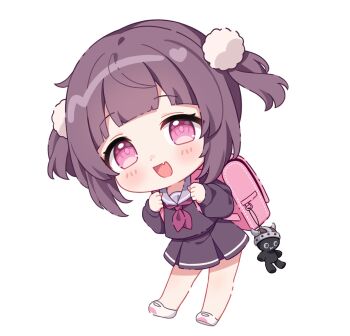 1girl :d backpack bag bag_charm blush brown_hair charm_(object) chibi commentary english_commentary fake_horns fallenshadow fang full_body grey_sailor_collar helmet highres hitsukuya horned_helmet horns indie_virtual_youtuber neckerchief open_mouth pink_eyes pleated_skirt purple_neckerchief purple_serafuku purple_shirt purple_skirt randoseru sailor_collar school_uniform serafuku shirt shoes simple_background skirt smile solo standing stuffed_toy two_side_up virtual_youtuber white_background white_shoes