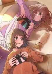 Rule 34 | 2girls, animal, black hair, blush, brown hair, cat, clenched teeth, controller, distracted, game controller, green eyes, highres, holding, holding controller, holding game controller, indoors, joy-con, lens flare, long sleeves, looking at animal, lying, multiple girls, neko (hansinn), on back, on side, open mouth, original, playing games, purple nails, purple shirt, ribbed sweater, rug, shirt, sunlight, sweater, tearing up, teeth, wooden floor