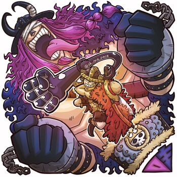 2boys bandages bandages_over_eyes cape clenched_teeth commentary_request cuffs fake_horns fur_cape handcuffs hat helmet highres horned_helmet horns loki_(one_piece) male_focus monkey_d._luffy multiple_boys one_piece open_mouth purple_hair red_cape scar scar_on_face sk_one_piece smile straw_hat teeth tongue tongue_out twitter_username