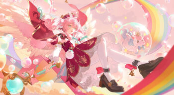 1girl absurdres black_shoes cloud detached_sleeves dress floating_clothes floating_hair full_body gold_trim gradient_hair hat highres holding holding_wand honkai:_star_rail honkai_(series) hyacine_(honkai:_star_rail) layered_dress long_hair long_sleeves looking_at_viewer multicolored_hair one_eye_closed open_mouth pantyhose pink_hair rainbow red_dress red_hat shoes sitting smile soap_bubbles solo star_(symbol) twintails unicorn wand white_pantyhose white_wings wings zhongjin