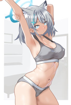 1girl alternate_costume animal_ear_fluff animal_ears arched_back arm_behind_head armpits arms_up bare_arms bare_shoulders blue_archive blue_eyes blue_halo breasts bright_pupils closed_mouth commentary_request covered_erect_nipples cowboy_shot cross_hair_ornament extra_ears grey_background grey_hair grey_sports_bra grey_sports_panties groin hair_ornament halo hand_on_own_arm highres indoors large_breasts looking_at_viewer medium_hair navel outstretched_arm shelf shiroko_(blue_archive) skyheir_(maya) solo sports_bra sports_panties standing stomach stretching table two-tone_background underwear underwear_only white_background white_pupils wolf_ears