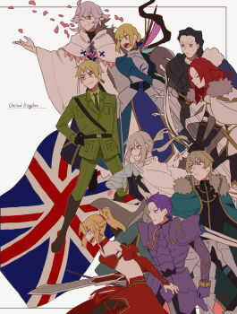 2girls 6+boys absurdres agravain_(fate) ahoge airgetlam_(fate) armor armored_dress artoria_pendragon_(fate) axis_powers_hetalia bandeau bedivere_(fate) bedivere_(third_ascension)_(fate) black_hair blonde_hair bow_(weapon) cape clarent_(fate) closed_eyes country_connection crossover dress excalibur_galatine_(fate) failnaught_(fate) falling_petals fate/grand_order fate_(series) fur-trimmed_cape fur_trim gawain_(fate) gawain_(third_ascension)_(fate) gloves green_eyes grey_eyes hair_bun hair_ribbon highres holding holding_bow_(weapon) holding_staff holding_sword holding_weapon jacket knights_of_the_round_table_(fate) kome_043 lancelot_(fate/grand_order) lancelot_(first_ascension)_(fate/grand_order) long_hair long_sleeves merlin_(fate) mordred_(fate) multiple_boys multiple_girls necktie open_mouth pants petals ponytail prosthesis prosthetic_arm purple_eyes purple_hair red_hair ribbon robe saber_(fate) shirt short_hair sidelocks smile staff sword thick_eyebrows tristan_(fate) tristan_(third_ascension)_(fate) union_jack united_kingdom_(hetalia) weapon white_hair white_robe