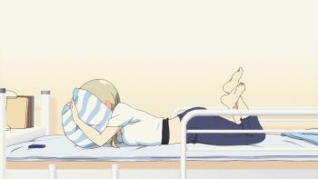 1girl animated animated_gif anime_screenshot barefoot bed blonde_hair blush breast_press bunk_bed capri_pants covering_face denim ear_blush feet female_focus hugging_object ichii_yui jeans long_hair lying midriff non-web_source on_bed on_stomach pants pillow pillow_hug solo striped toes twintails yuyushiki