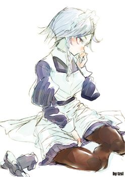 1girl alternate_hairstyle braid grey_hair izayoi_sakuya long_sleeves maid_headdress one-hour_drawing_challenge pantyhose red_eyes shoes signature sitting sleeve_cuffs touhou tsuru_(nekopanchi) twin_braids white_background yokozuwari