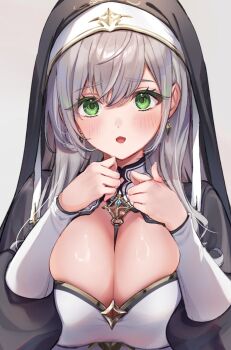 1girl blush breasts cleavage gakuon_(gakuto) green_eyes grey_hair habit highres hololive large_breasts long_hair looking_at_viewer nun shirogane_noel shirogane_noel_(battle_nun) shirogane_noel_(nun) solo upper_body virtual_youtuber