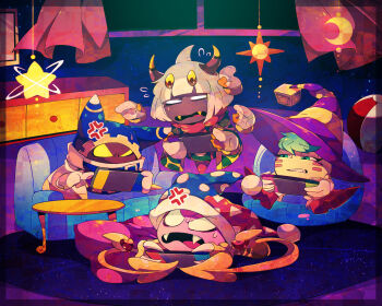 ahoge anger_vein animal_ears animal_hands ascot ball beachball bean_bag_chair belt belt_buckle belt_collar blue_belt blue_headwear blue_hood blunt_bangs blunt_ends boots buckle cape claws clenched_teeth collar colored_skin commentary_request couple covered_mouth crescent cube_hat_ornament curtains dark_skin disembodied_hand extra_eyes extra_hands eyelashes fangs floating flying_sweatdrops frown fur-trimmed_headwear fur_trim gear_print gloves green_cape green_eyes green_hair gryll_(kirby) half-closed_eyes handheld_game_console hat heart highres holding holding_handheld_game_console horns indoors jester_cap kirby_(series) living_room looking_at_another magolor marking_on_cheek marx_(kirby) marx_(true_form)_(kirby) nintendo nintendo_switch no_humans open_mouth playing_games pointing pointing_at_another pointy_boots polka_dot_headwear pom_pom_(clothes) purple_headwear purple_skin rayman_limbs red_ascot red_footwear red_headwear scarf shirushiki short_hair sitting socks solid_eyes solid_oval_eyes star_(symbol) striped_clothes striped_headwear sun_symbol sweatdrop table taranza teeth triangle_print two-tone_cape two-tone_headwear v-shaped_eyebrows very_short_hair white_eyes white_gloves white_hair white_scarf white_socks wide-eyed wide_brim witch_hat yellow_cape yellow_eyes yellow_headwear yellow_horns yellow_wings