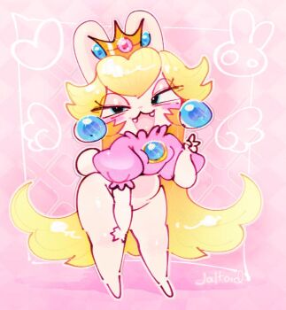 1girl animal_ears blonde_hair blue_eyes crown earrings full_body furry furry_female jaltoid jewelry long_hair mario_(series) mario_+_rabbids_kingdom_battle nintendo puffy_sleeves rabbid_peach rabbit_ears raving_rabbids smile sphere_earrings teeth thighhighs v