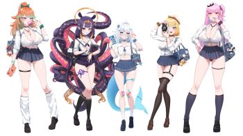 5girls ahoge alternate_costume animal_print bag bag_charm bandaid bandaid_on_arm bandaid_on_knee bandaid_on_leg beret bikini bimbofication black_choker black_shoes blonde_hair bloop_(gawr_gura) blue_eyes blue_hair blue_nails book bracelet breasts bubba_(watson_amelia) camera cellphone charm_(object) chewing_gum choker cigarette claw_pose cleavage commentary crop_top dadangge deadbeat_(mori_calliope) death-sensei_(mori_calliope) diamond_hairband ear_piercing earrings fins fish_tail full_body gawr_gura gluteal_fold gradient_hair grey_hair gyaru hair_ornament halo hand_on_own_hip hat high_ponytail highres holding holding_book holding_camera holding_cigarette holding_phone hololive hololive_english holomyth hoop_earrings jewelry kfp_employee_(takanashi_kiara) kotori_(takanashi_kiara) large_breasts leopard_print leopard_print_bikini leopard_print_panties lineup long_hair looking_at_viewer magnifying_glass midriff miniskirt mori_calliope multicolored_hair multiple_girls multiple_rings nail_polish navel ninomae_ina&#039;nis open_mouth orange_hair panties panty_peek pantyhose pantyshot penny_loafers phone piercing pink_eyes pink_hair pink_nails pleated_skirt pointy_ears polearm ponytail print_bikini print_panties purple_eyes purple_hair ring school_bag scrunchie see-through_clothes see-through_shirt shark_girl shark_tail shirt shoes short_hair shoulder_bag side_ponytail simple_background skindentation skirt smartphone smile smoking socks standing streaked_hair swimsuit tail takanashi_kiara taking_picture takodachi_(ninomae_ina&#039;nis) tally tentacle_hair tentacles thigh_strap thighhighs thighs tied_shirt trident two-tone_hair underwear very_long_hair virtual_youtuber watson_amelia weapon white_background white_shirt white_socks wrist_scrunchie x_hair_ornament
