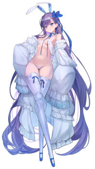 1girl animal_ears blue_eyes blue_ribbon blush breasts detach_sleeves fake_animal_ears fate/grand_order fate_(series) full_body hair_ribbon halterneck long_hair looking_at_viewer maebari meltryllis_(fate) mins_(minevi) navel prosthesis prosthetic_leg purple_hair rabbit_ears revealing_clothes ribbon sleeves_past_fingers sleeves_past_wrists small_breasts smile solo thighhighs very_long_hair white_thighhighs