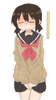 Rule 34 | > <, 1girl, between legs, black sailor collar, black skirt, blush, brown hair, brown sweater, clenched teeth, closed eyes, cowboy shot, embarrassed, female focus, flat chest, hand between legs, have to pee, long sleeves, miniskirt, neckerchief, nose blush, original, own hands together, pleated skirt, ponnu (tnpn2yw), raised eyebrows, red neckerchief, sailor collar, school uniform, serafuku, short hair, sidelocks, simple background, skirt, solo, standing, sweat, sweater, teeth, trembling, twintails, urine meter, v arms, variant set, white background
