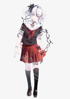 1girl absurdres alternate_costume black_flower black_shirt black_shoes black_socks blake_bloom_(wuthering_waves) blush camellya_(wuthering_waves) commentary flower full_body grey_background grey_eyes hair_flower hair_ornament hair_vines highres looking_at_viewer parted_lips red_pupils red_skirt shigureszku shirt shoes short_hair short_sleeves simple_background skirt socks solo white_hair wuthering_waves