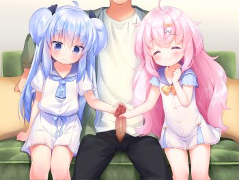 2girls ^_^ ahoge black_pants blue_bow blue_eyes blue_hair blue_necktie blue_sailor_collar blush bow bowtie buttons censored closed_eyes closed_mouth collarbone cooperative_handjob couch double_bun erection feet_out_of_frame game_cg hair_bow hair_bun hand_up handjob harem_futago_lolita head_out_of_frame hetero large_variant_set loli long_hair mosaic_censoring multiple_girls necktie non-web_source pants penis pillow pink_hair pleated_skirt sailor_collar shirt short_sleeves siblings sisters sitting skirt smile sunao_(harem_futago_lolita) teamwork_(sexual) tomari_(harem_futago_lolita) twins usashiro_mani variant_set white_shirt white_skirt yellow_bow yellow_bowtie