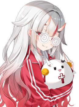 Rule 34 | 1girl, alternate costume, blush, coke-bottle glasses, commentary, fang, glasses, gradient hair, grey hair, hair between horns, highres, hololive, horns, jacket, long hair, looking at viewer, multicolored hair, nakiri ayame, nakiri ayame (cutie jersey), ohagetty, oni, poyoyo (nakiri ayame), red eyes, red jacket, skin-covered horns, skin fang, smile, solo, streaked hair, symbol-only commentary, track jacket, virtual youtuber, white background