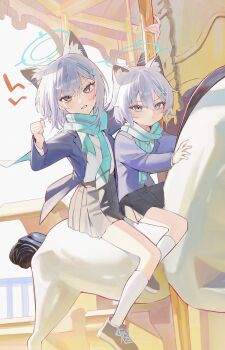 2girls absurdres angry black_jacket blue_archive blue_eyes blue_halo blue_scarf blush carousel cross full_body grey_hair hair_ornament hairclip halo highres jacket looking_at_viewer may.l multiple_girls scarf shiroko_(blue_archive) shiroko_(young)_(blue_archive) shirt shoes short_hair simple_background socks white_background white_shirt white_socks