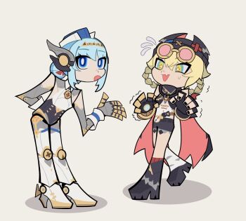 2girls :d black_boots black_gloves black_hat black_nails black_shorts blonde_hair blue_eyes blue_hair blue_hat boots bright_pupils commentary english_commentary eyewear_on_head fang flying_sweatdrops genshin_impact gloves grey_background hair_between_eyes hat high_heel_boots high_heels highres ineffa_(genshin_impact) ivorye jahoda_(genshin_impact) leaning_forward looking_at_viewer mihoyo multiple_girls nail_polish open_mouth parody shadow short_hair short_shorts shorts simple_background skin_fang smile standing star-shaped_pupils star_(symbol) style_parody sunglasses symbol-shaped_pupils white_pupils wrist_cuffs yellow_eyes zenless_zone_zero