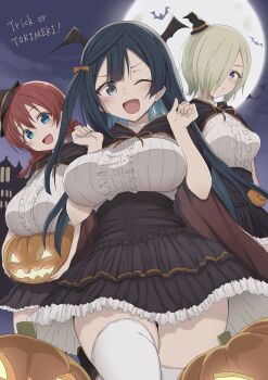 3girls absurdres black_cape black_hair black_skirt blonde_hair blue_eyes blush braid breasts cape center_frills commentary_request emma_verde frilled_skirt frills full_moon grey_eyes hair_over_one_eye halloween_costume hands_up happy_halloween high-waist_skirt highres ikesho0612 large_breasts long_hair looking_at_viewer love_live! love_live!_nijigasaki_high_school_idol_club low_twin_braids medium_breasts mia_taylor moon multiple_girls night night_sky one_eye_closed one_side_up open_mouth pumpkin red_cape red_hair short_hair skirt sky smile thighhighs twin_braids two-tone_cape underbust white_thighhighs yuki_setsuna